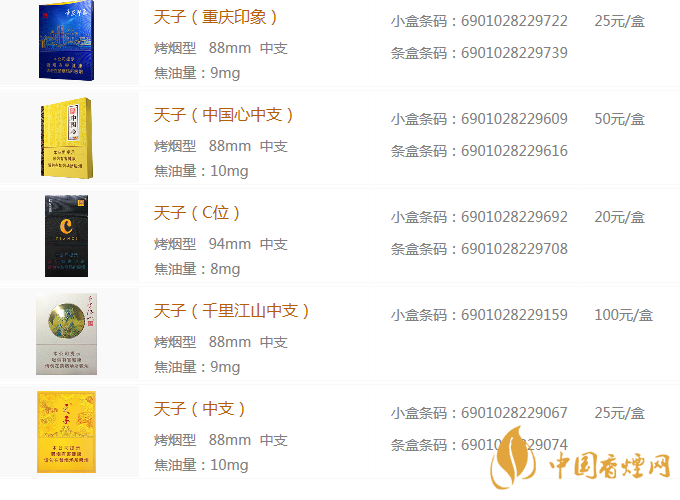 重庆天子香烟价格表图图片