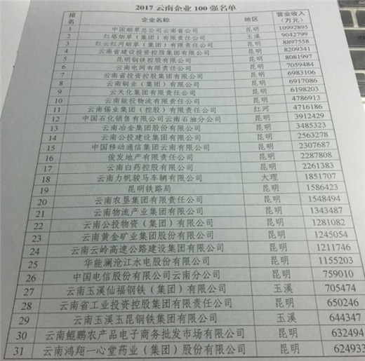 滇企100强名单